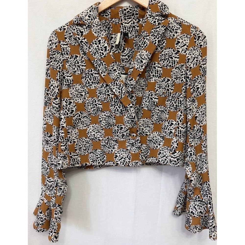 Topshop Women's Blazer Cropped Animal Print Bell Sleeve Mustard Black Boho US 2